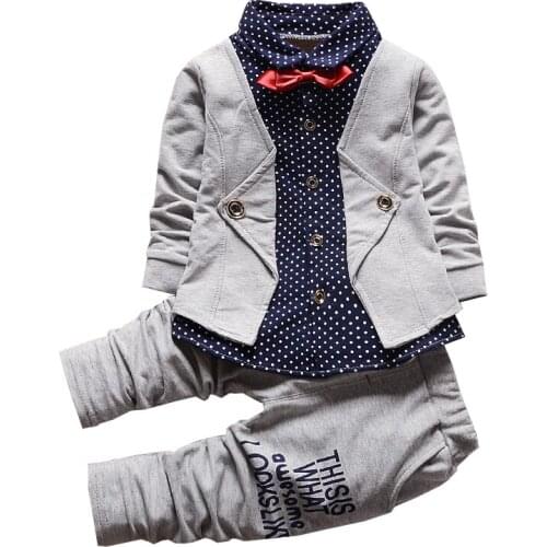 Kids Boys 2pcs Set Gentlman Bowtie Long Sleeve Coat+Letter Print Long Pants Suits Polka Dot Boys Clothing Birthday Wedding Gift