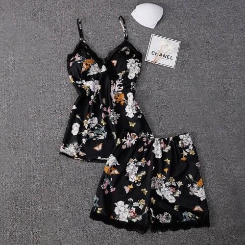 2PCS Satin Print Sleepwear Womens Pijamas Sets Sexy Sleeveless Strap Top&Shorts Pajamas Home Wear Lingerie Chest Pads Nightwear