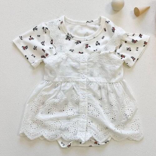 Korean Style Summer Baby Girl Cotton Short Sleeve Flower Bodysuits+Lace Strap Dress Newborn Baby Jumpsuit Baby Girls Clothes