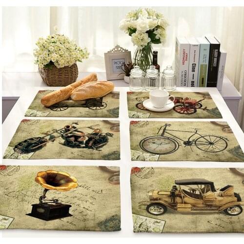 Lychee 42*32cm Retro Car Series Placemat Flax Table Mat Anti-scalding Pad DIY Kitchen Decoration Dining Accessories