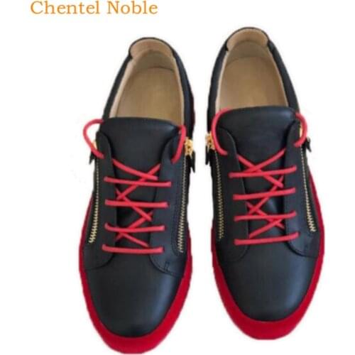 Brand Chentel Male Comfortable Loafers Men Casual Shoes Party Shoes Men Flats Lace-Up Sneakers Red Flats Bottom Black Color