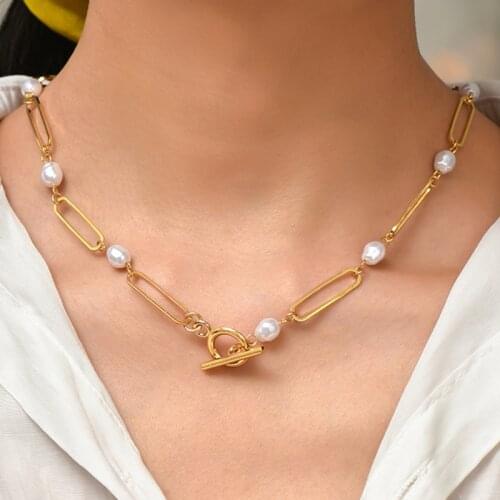 Fashion Gold Long Link Splicing Pearl Beaded Chain Necklace for Women Minimalist Toggle Clasp Necklace Trendy Jewelry Gifts