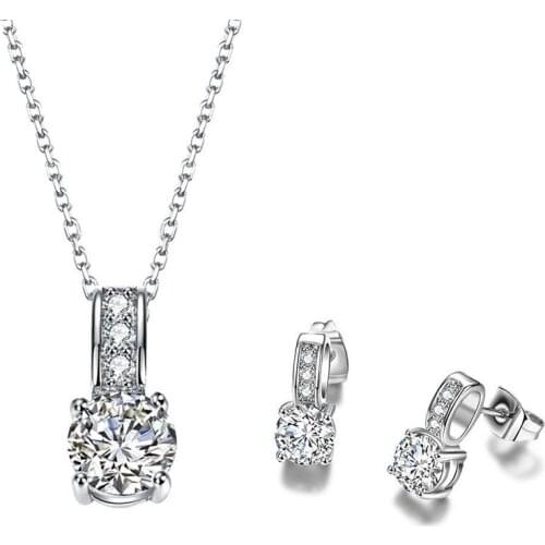 Exclamation Mark Shape Setting Cubic Zirconia Necklace Earrings Sets Silver Color Copper Material Party Jewelry Sets for Women