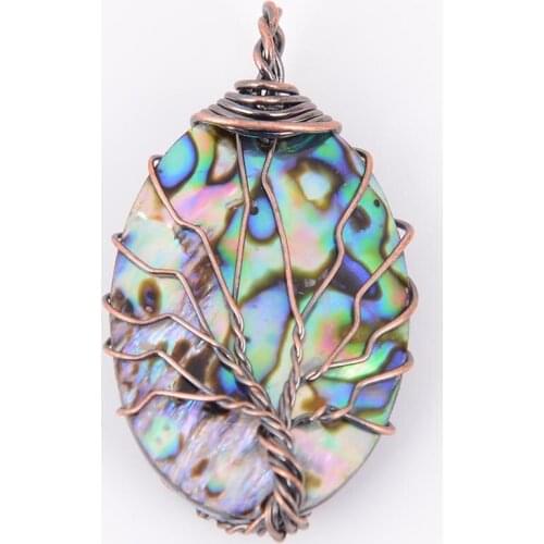 Natural Stone Oval Abalone Shell Pendant Copper Line Wrapped Tree of Life Necklace for Women Charm Jewelry D616