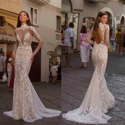 New 2020 Mermaid Wedding Dresses High Collar Long Sleeve Bridal Gowns Sexy See Through Plus Size Sweep Train Wedding Dress