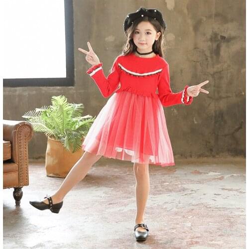Autumn Winter New Girls Knit Sweater Dress Long Sleeves Big Children Christmas Princess Dress for Girls Mesh Patchwork Ball Gown