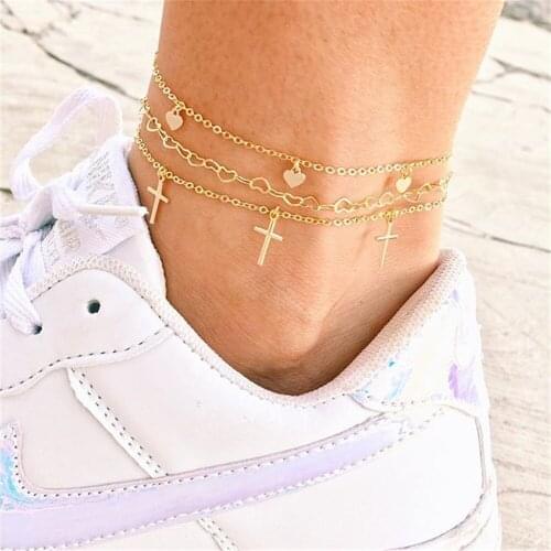 YC-UPGO 2020 Bohemian Handmade Beaded Anklet Summer Geometry Beach Gold Glitter Cross Heart Shape Pendant Anklet Jewelry Gift