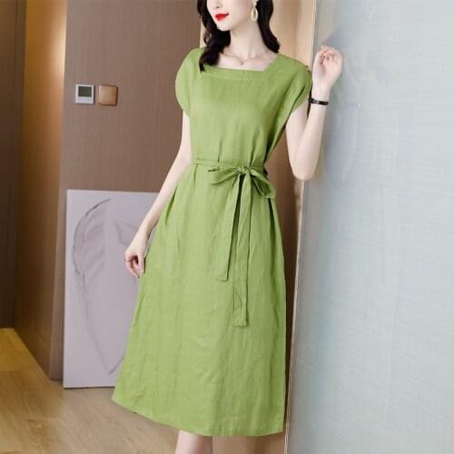 Cotton Linen Casual Office Lady Midi Dress Summer Vintage Solid Ramie Beach Dress 2021 Women Elegant Bodycon Party Green Vestido