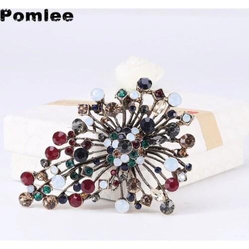 Pomlee Rhinestone Flower Vintage Multi-color Fashion Brooch Brooches For Women Retro Large Pin Elegant Accessories Jewelry