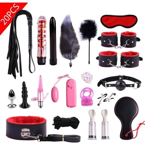Porno Sex Toys BDSM Bondage Set Kits Handcuffs Nipple Clamps Whip Mouth Gag Anal Beads Butt Plug Bullet Vibrator Adult Games