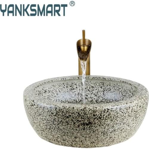 YANKSMART Bathroom Sink Hand Paint Washbasin Tempered Ceramic Basin Sink With Waterfall Faucet Taps Vessel Water Drain Set
