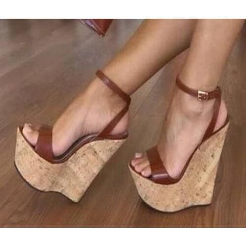 Sexy Women Wedge Sandals Big Size 13 High Platform Summer Dress Shoes Cut-out Ankle Strap Super High Wedge Sandals Black Brown