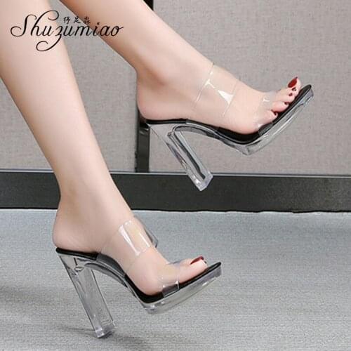 Shuzumiao slippers women 2020 Summer New Transparent Word Female Slides Square Crystal Heel High Heels 11cm Women Catwalk Shoes