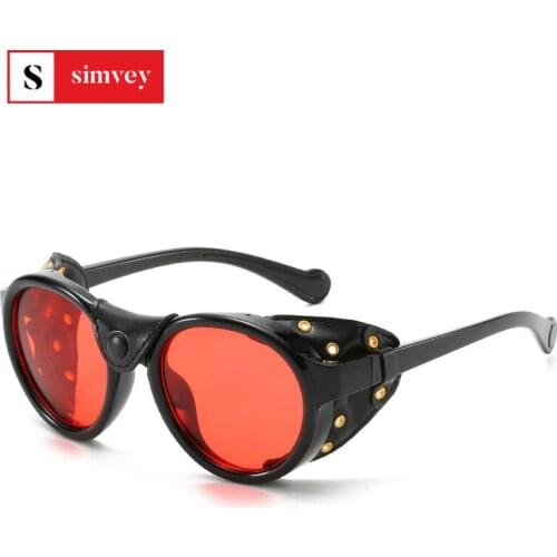 Simvey Classic Brand Design Retro Vintage Round Steampunk Sunglasses Women Men Punk Windproof Goggles Leather Side Shield