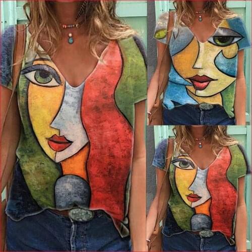 Vintage V Neck Tshirt Womens Summer Casual Abstract Character Print T Shirt Tops Female Streetwear Y2K Short Sleeve Clothes Tees