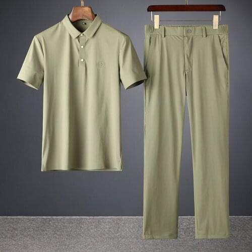 2021 high end non - mark rubber lapel two piece summer ice - cool silky elastic mens leisure sports suit