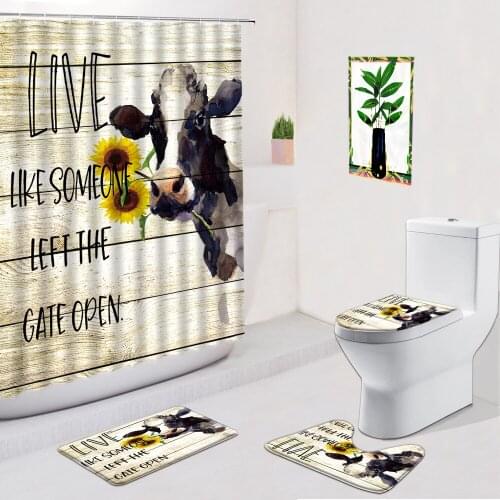 Cattle Shower Curtain Farm Rural Animal Plank Stripe Bathroom Decor Non-Slip Flannel Carpet Bath Mat Toilet Foot Mats Doormat