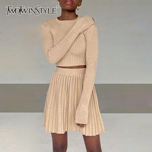 TWOTWINSTYLE Casual Knitting Suits For Female O Neck Long Sleeve Cropped Top With High Waist Pant Womens Set Fashion New 2021