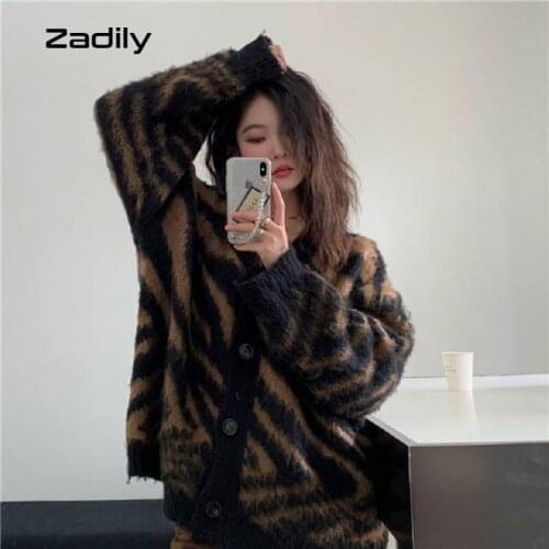 Zadily 2021 Autumn Street Style Zebra pattern Knit Womens Sweater Y2K Button Up Loose Long Sleeve Cardigan Coat Winter Outwear