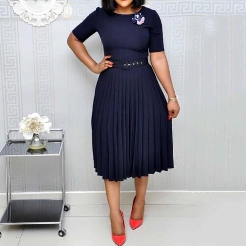 Summer Short Sleeve Women Dress 2021 Office Ladies Vintage Belted High Waist Mid Calf Pleated Long Dresses Plus Size 3XL Green