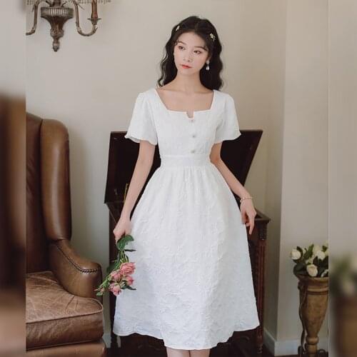French Square Neck Elegant Retro Dress Female 2021 Summer Bowknot Tie High Waist Thin White Jacquard Midi Dress