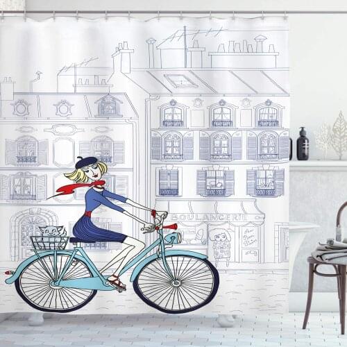 White Blue Paris Shower Curtain Woman Riding a Bicycle Paris a Cat European French Style Illustration Bathroom Curtain