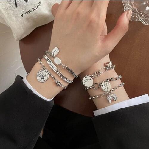 925 Sterling Silver Smiling Face Star Love Heart Bracelet For Women Men Thick Chain Thai Silver Bracelet Wholesale