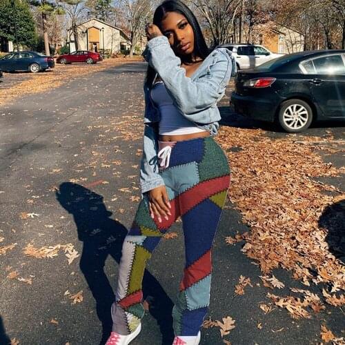 Casual Patch Print Patchwork Woman Pants Women Fall Winter Clothes Streetwear High Waist Bell Bottoms Night Club Flare Pants