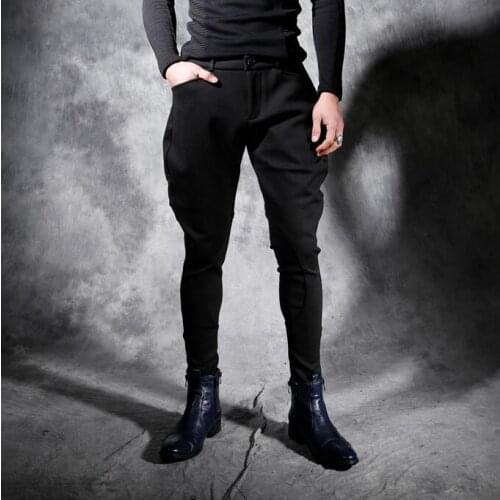 Elastic leugth mens casual trousers male personality easy care taper men harem pants slim mens skinny pants pantalon homme black