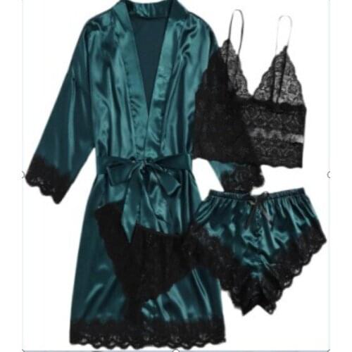 4PC Robe Sets Women Sleepwear Satin Bridal Wedding Gift Nightwear Casual Kimono Bathrobe Gown Intimate Lingerie Nightgown