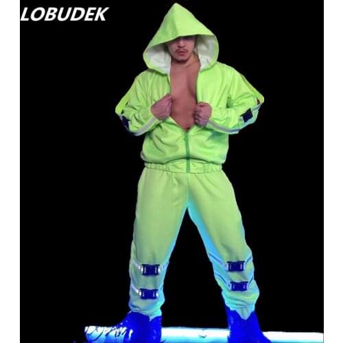 Male Fluorescent Green Tooling Suit Rap Rock Hip Hop Dance Set Hooded Jacket Pants 2-Piece Stage Performance Clothes Bar Costume