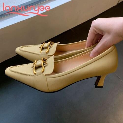 Lanxuryee hot saling spring shoes genuine leather small square toe high heels metal decoration mature young lady women pumps L85