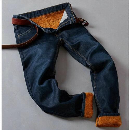 Fashion Man Thermal Jeans Fleece Lined Denim Straight Long Trousers Supply