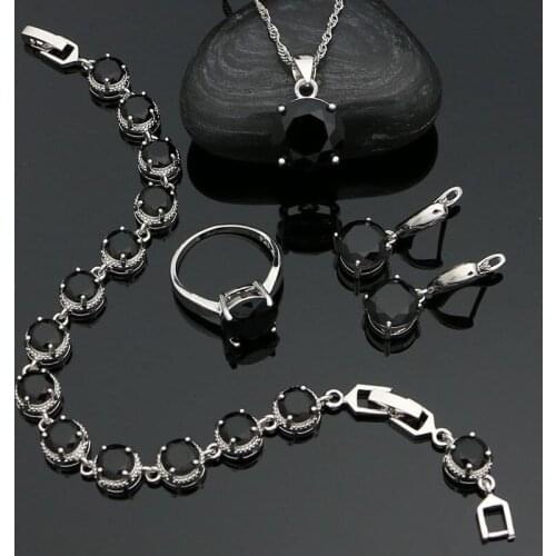 Black Spinel 925 Sterling Silver Jewelry Set for Woman Punk Earrings Pendant Chain Bracelet Ring Party Prom Jewelry