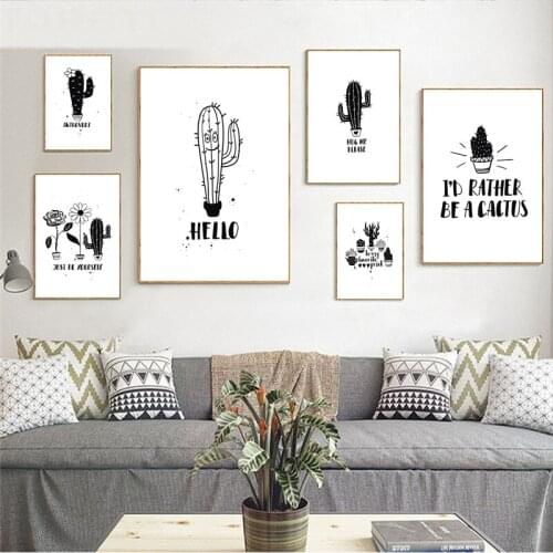 Black and White Cactus Wall Art Poster Cartoon Succulent Plants Canvas Paintings English Sentence Prints Modern Desk Home Decor