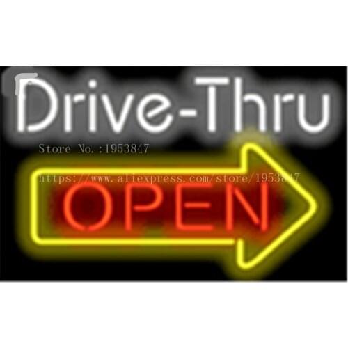 Drive-Thru OPEN with Right Arrow Neon sign Real Glass Tube Bulbs Light Bar Beer Club Decoration Signboard Espresso drink 19"x15"