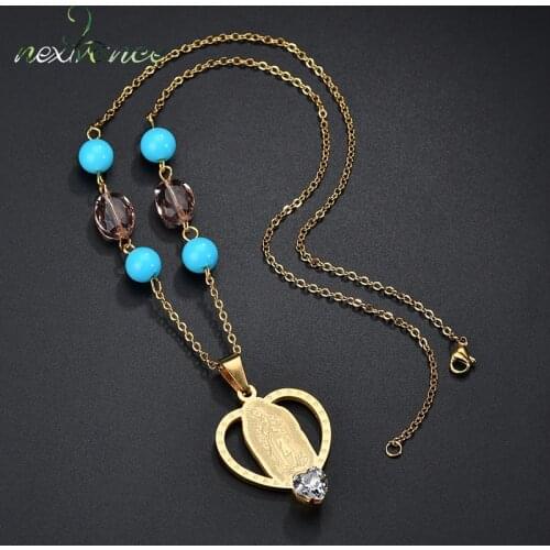 Nextvance Stainless Steel Virgin Mary Virgin Mary Pendant Necklace Heart CZ Stone Bead Chain Necklaces Protection Jewelry