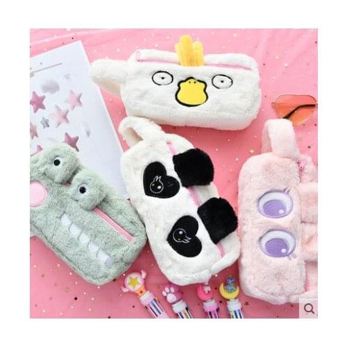 2021 New Cute Soft Plush Net Red Pencil Case Zipper Girl Ins Korean Student Stationery Box Cartoon Animal Office Accessories