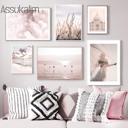 Feather Prints Ocean Wall Painting Beach Landscape Canvas Print Lady Poster Scandinavian Wall Pictures For Living Room Decor