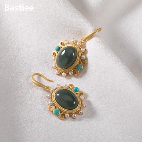 Bastiee 925 Sterling Silver Earrings Wedding Luxury Jewelry For Women Drop Dangle Earing Gold Plated Jade Pearl Turquoise