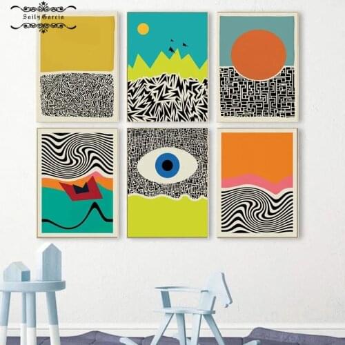 Mid Century Modern Retro Abstract Geometric Art Canvas Painting Posters Prints Multi Colored Picture for Living Room Home Decor