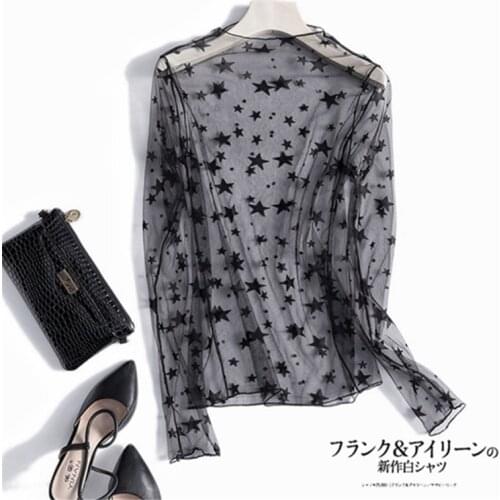 Sexy mesh top women summer long sleeve sheer lace fishnet transparent see through top shirt t shirt for women ladies tops tshirt