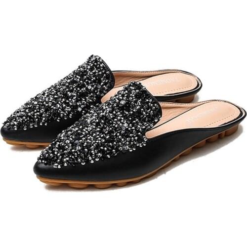 Fashion Toe-point Rhinestone Mules Shoes Womens Summer Home Bling Slippers Durable TPR Soled Outside Casual Slides