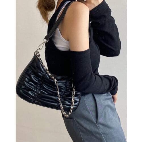 Vintage Female Ruched Shoulder Underarm Bag Soft PU Leather Ladies Chain Half-moon Bags Simple Fashion Women Hobos Handbags