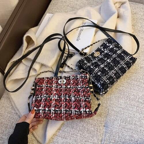 Vintage Women Woolen Messenger Bags Ladies Hasp Clutch Female Chain Shopping Fashion Plaid Pattern Shoulder Handbag