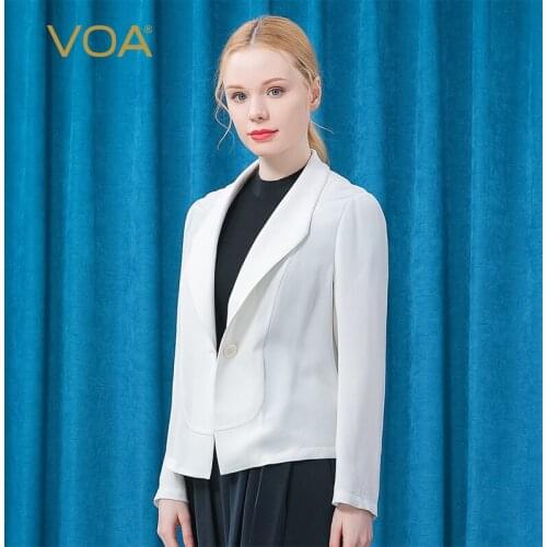 VOA Silk Suit Collar Office Lady Long Sleeve Coat Women WE96 White Single Button Fashion Urban Temperament Jacket Spring 2021
