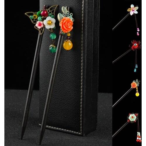 1PC Hair Clips Womens Headwear Flower Shape Tassel Wooden Hairpins Retro Jewelry Elegant Chinese Traditional Hair Accessories