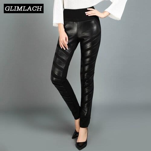 2020 Spliced Soft Sheepskin Genuine Leather Pencil Pants Women Stretch High Waist Real Leather Trousers Female Streetwear Ladies