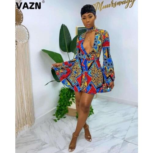 VAZN 2020 Summer Evening Gown Women Elegant Fashion Dresses Full Sleeve O-neck Colorful Print Dress Sexy Beach Elegant Dress