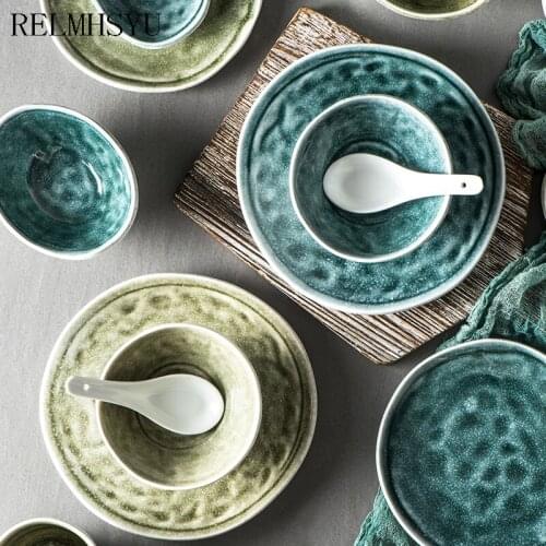 1PC RELMHSYU Nordic Style Ceramic Rice Bowl Round Steak Snack Dinner Plate Tea Water Cup Tableware Set Household